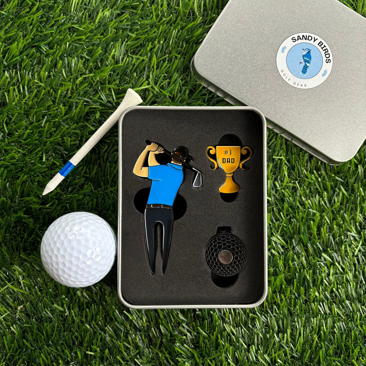 Fathers Day #1 Dad Golf Divot Tool/Ball Marker Pack (Blue Shirt) | Gift for Dad | Gift for Golf Lovers