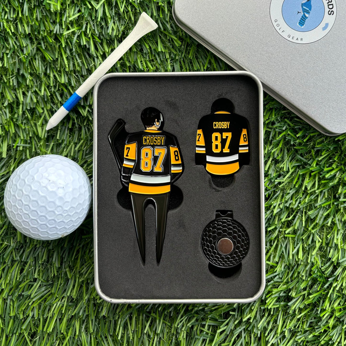 Sidney Crosby golf divot tool package with custom ball marker and jersey design, perfect gift for golf enthusiasts and sports fans.