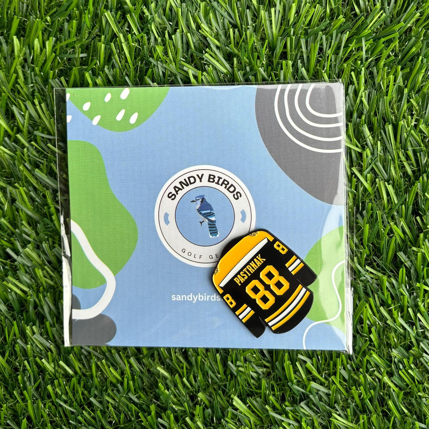 David Pastrňák golf ball marker displayed on green grass with Sandy Birds packaging.